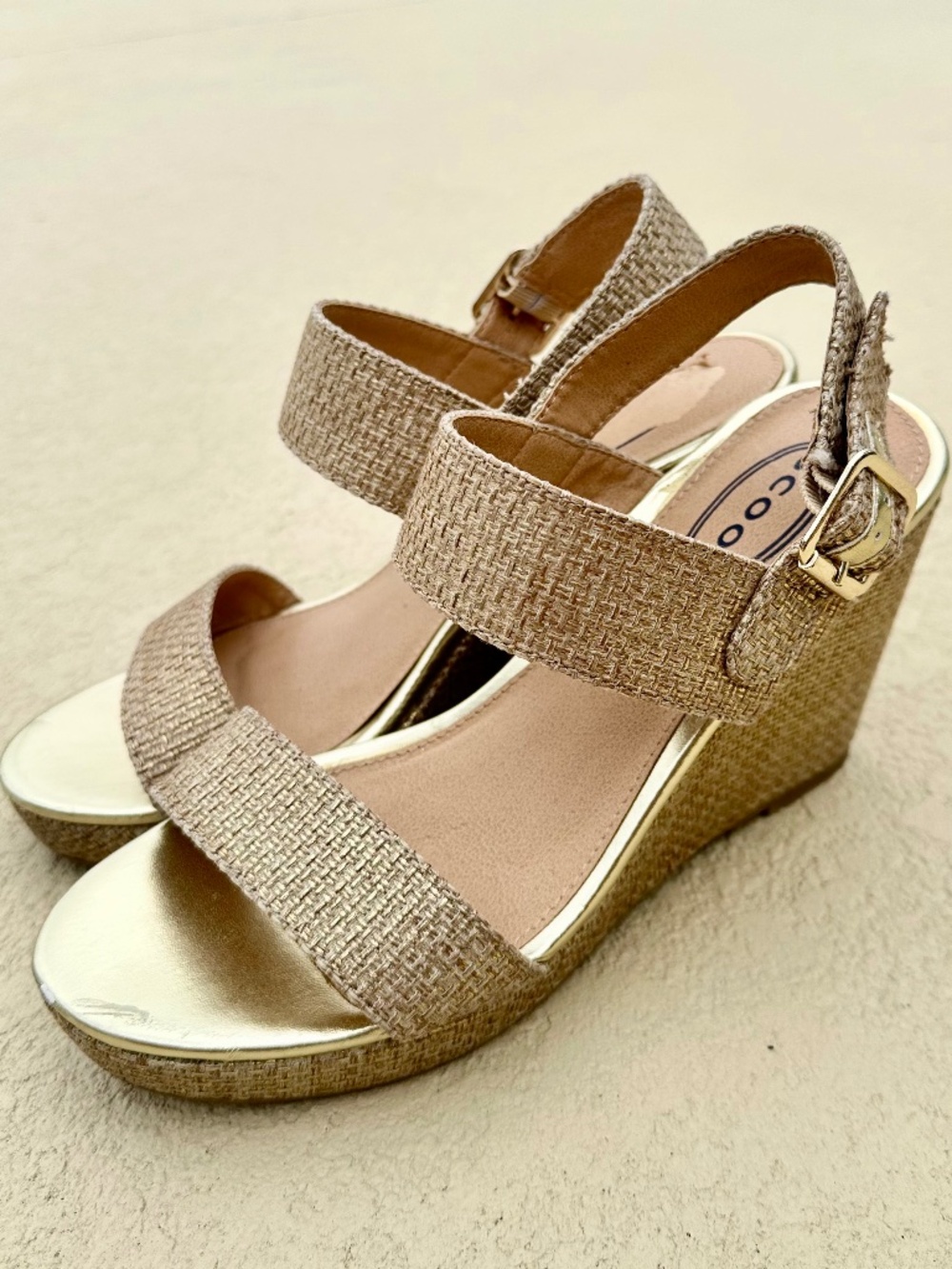 Scoop Woven Raffia Gold Wedge Platform Sandals, Size 8